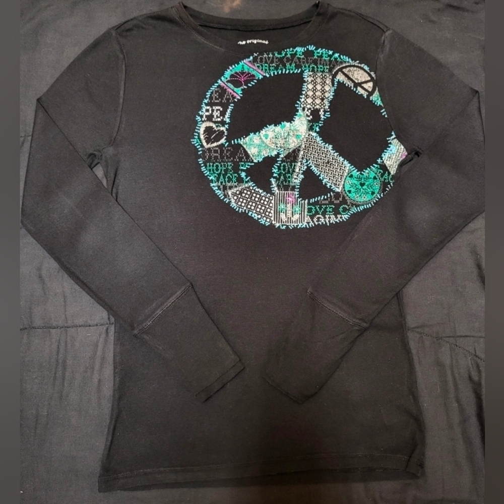 Arizona Jean Company Peace Symbol Black Long Sleeve Shirt Women Size Large